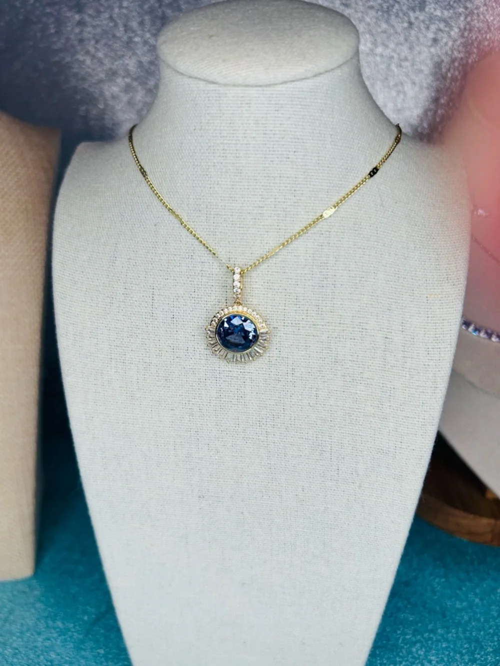 Lab Created Blue Sapphire on Gold Tone Necklace